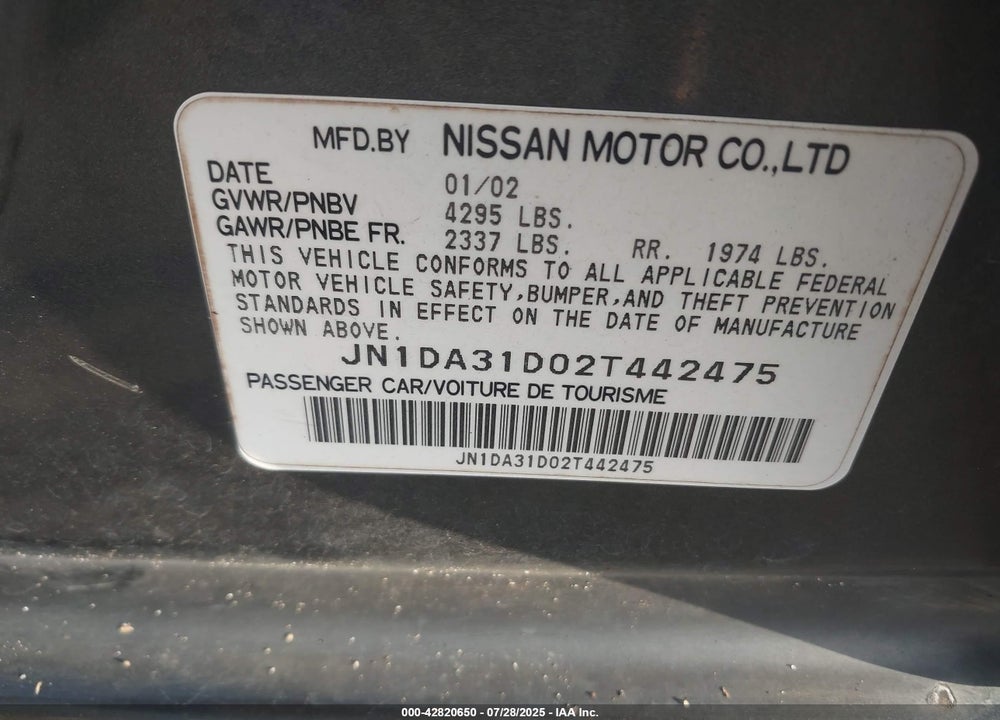 2002 NISSAN MAXIMA VIN: JN1DA31D02T442475