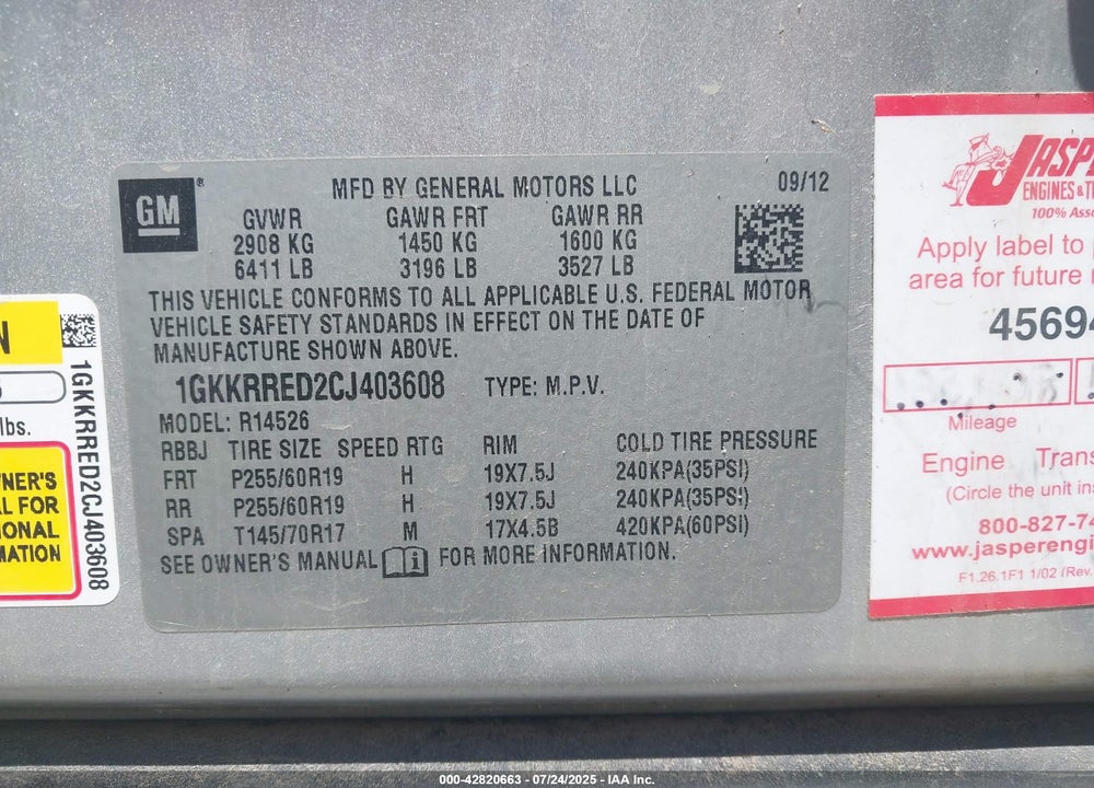 2012 GMC ACADIA VIN: 1GKKRRED2CJ403608