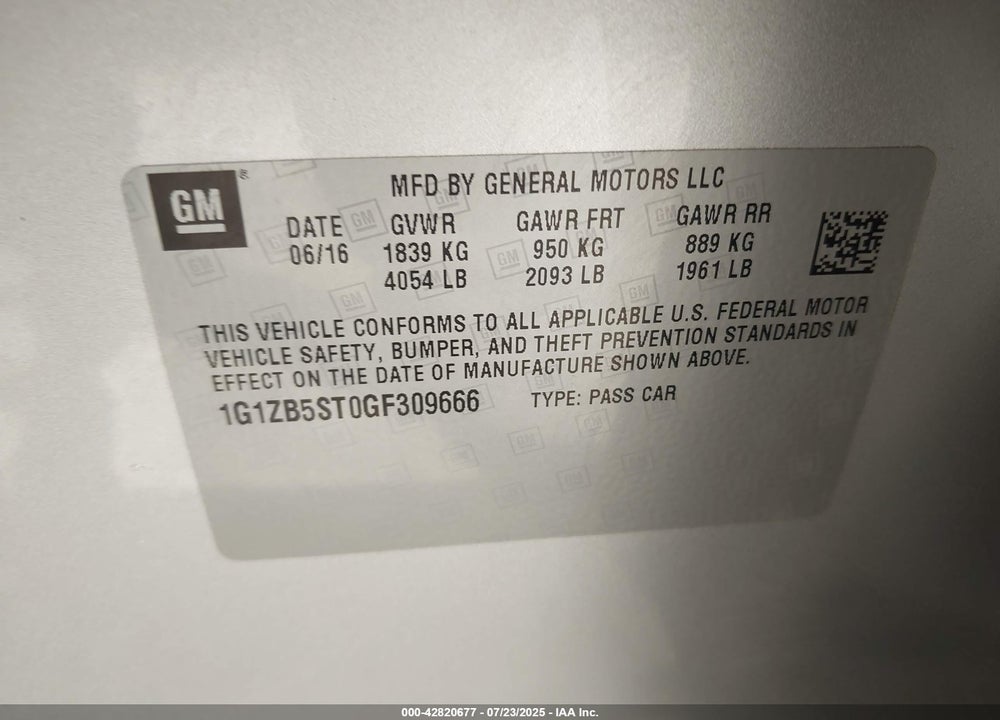 2016 CHEVROLET MALIBU VIN: 1G1ZB5ST0GF309666