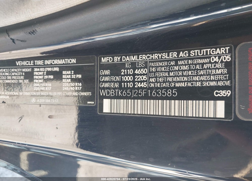 2005 MERCEDES-BENZ CLK 320 VIN: WDBTK65J25F163585