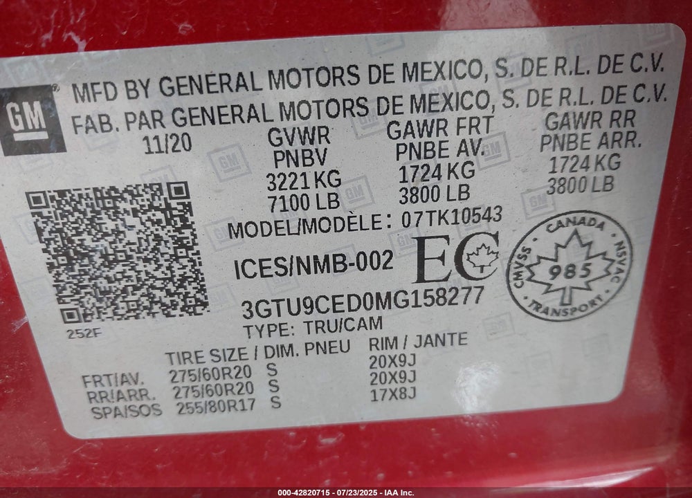 2021 GMC SIERRA 1500 4WD SHORT BOX ELEVATION/4WD STANDARD BOX ELEVATION VIN: 3GTU9CED0MG158277