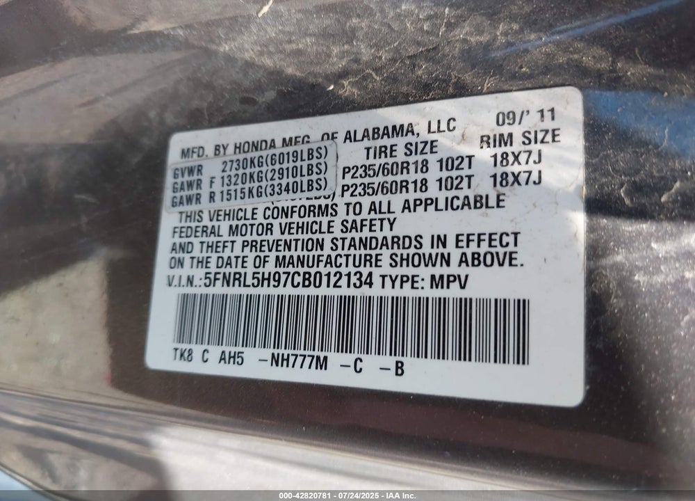 2012 HONDA ODYSSEY TOURING/TOURING ELITE VIN: 5FNRL5H97CB012134