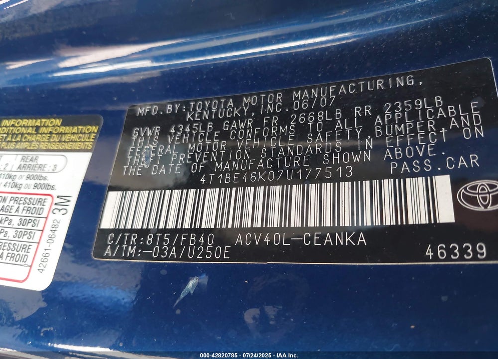 2007 TOYOTA CAMRY VIN: 4T1BE46K07U177513