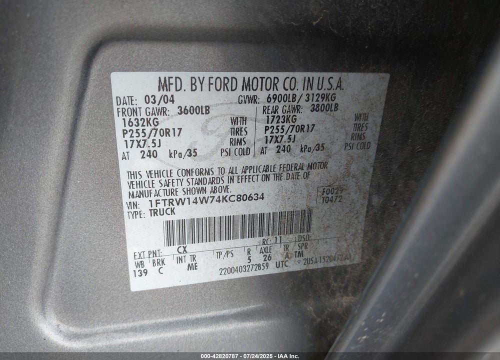 2004 FORD F-150 VIN: 1FTRW14W74KC80634