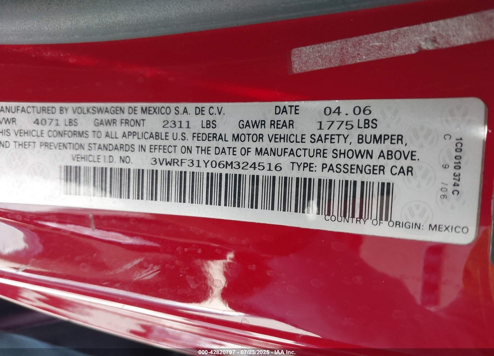2006 VOLKSWAGEN NEW BEETLE 2.5 VIN: 3VWRF31Y06M324516