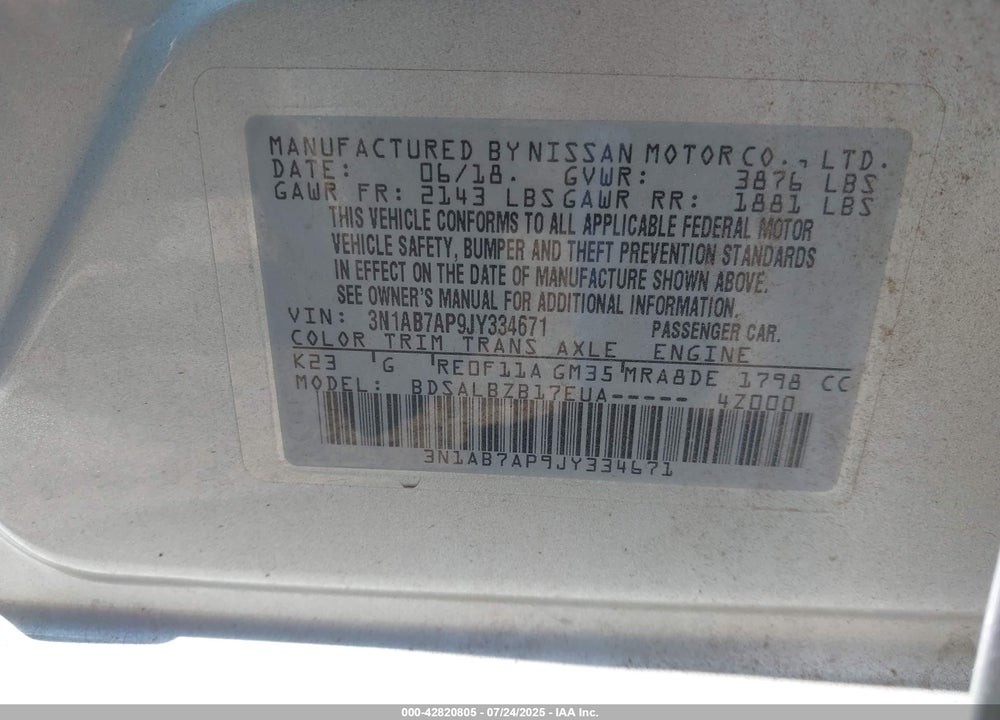 2018 NISSAN SENTRA VIN: 3N1AB7AP9JY334671