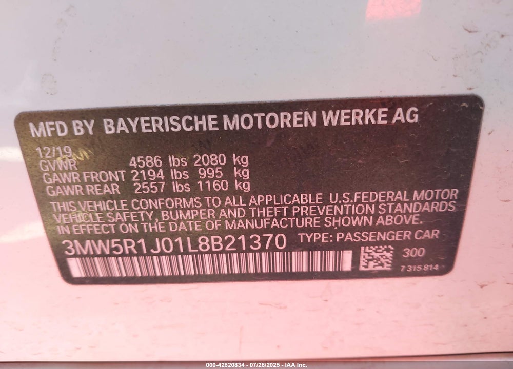 2020 BMW 3 SERIES VIN: 3MW5R1J01L8B21370
