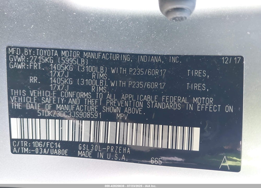 2018 TOYOTA SIENNA LE 8 PASSENGER VIN: 5TDKZ3DC3JS908591