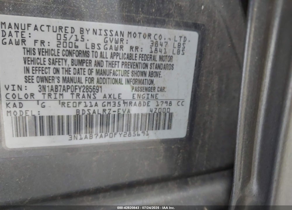 2015 NISSAN SENTRA VIN: 3N1AB7AP0FY285691