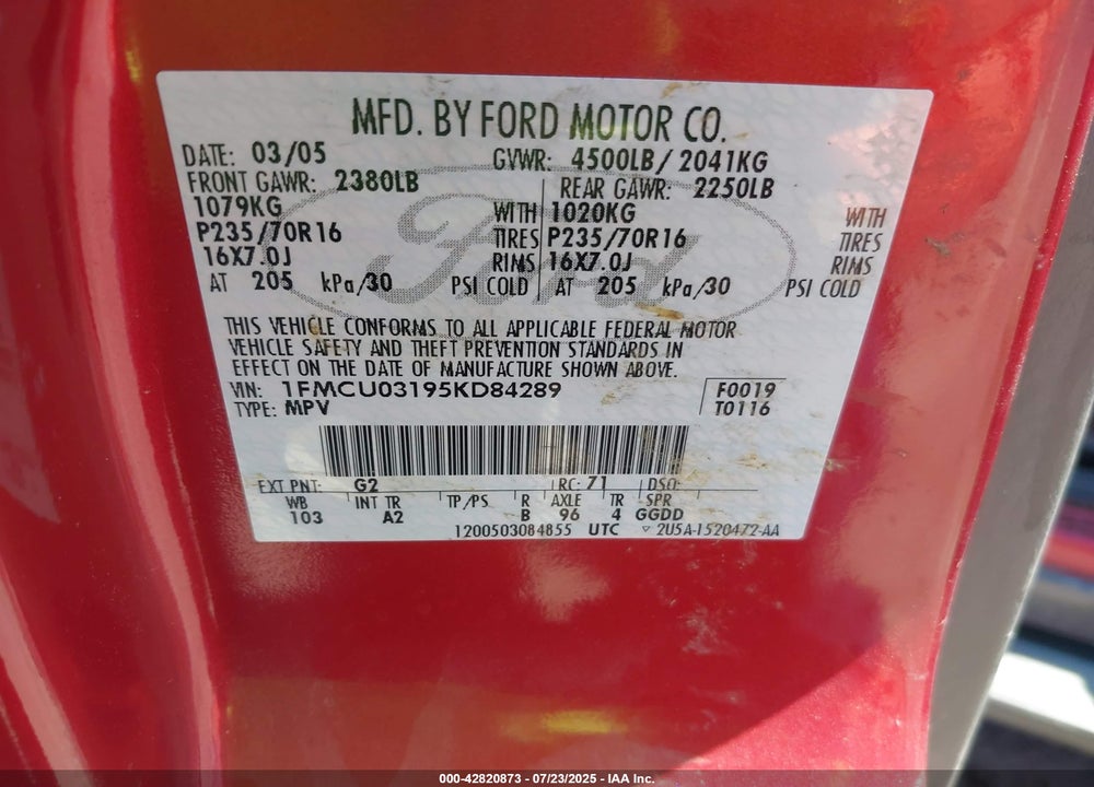 2005 FORD ESCAPE VIN: 1FMCU03195KD84289