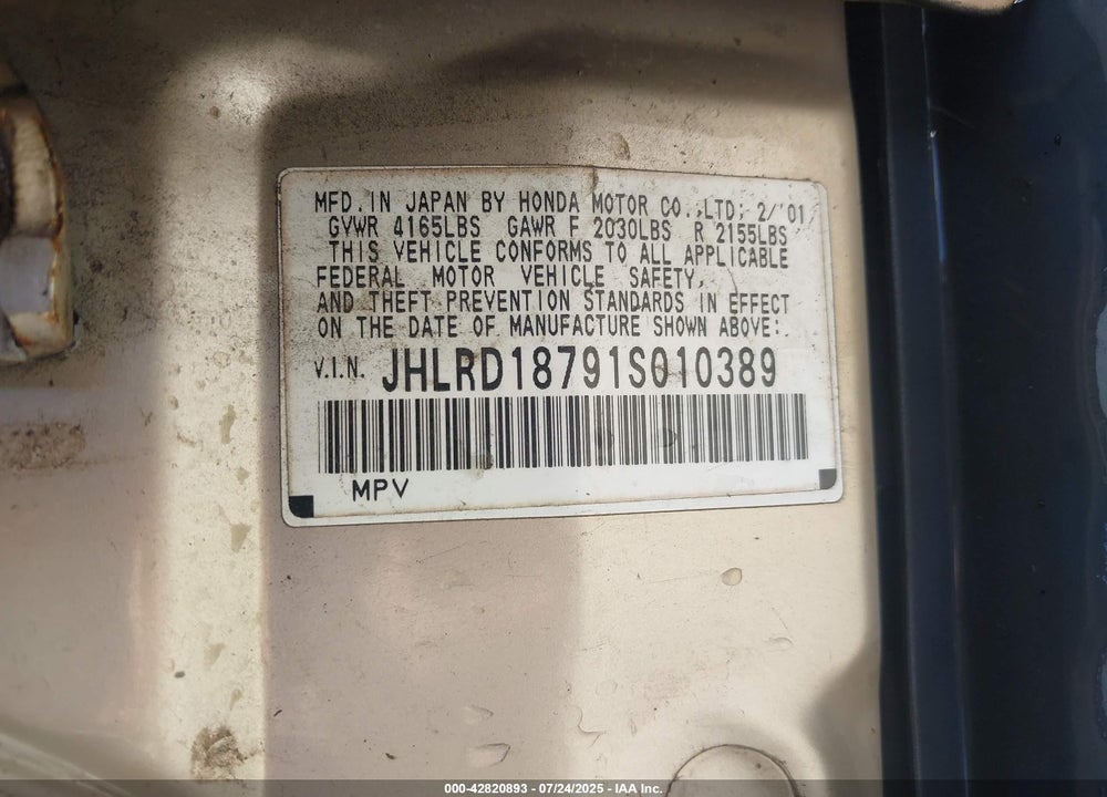 2001 HONDA CR-V SPECIAL EDITION VIN: JHLRD18791S010389