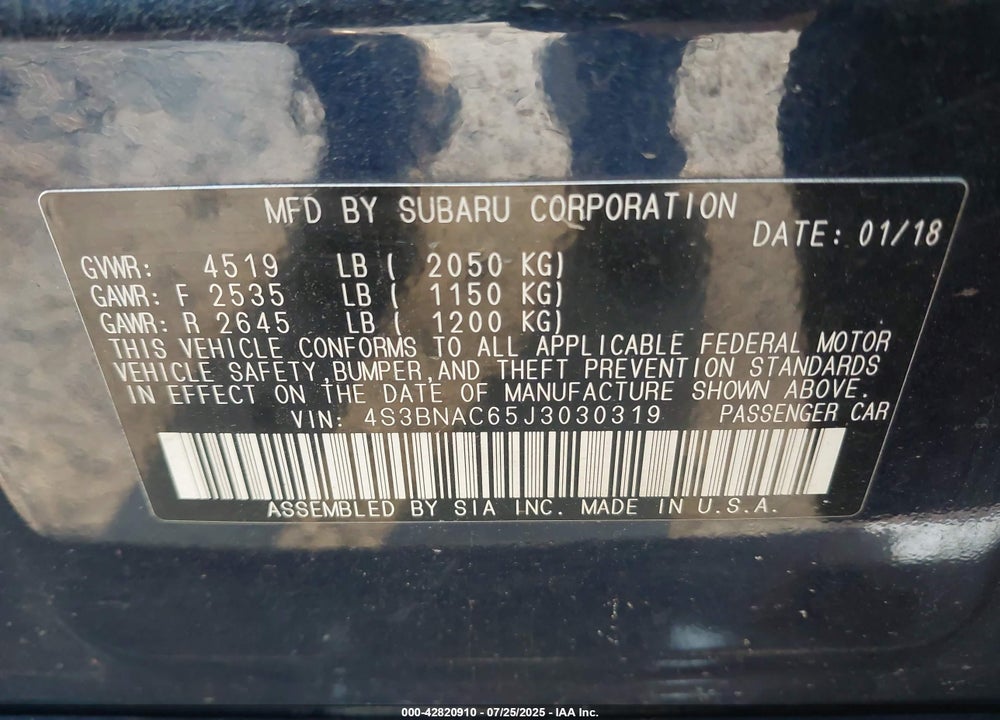 2018 SUBARU LEGACY 2.5I PREMIUM VIN: 4S3BNAC65J3030319