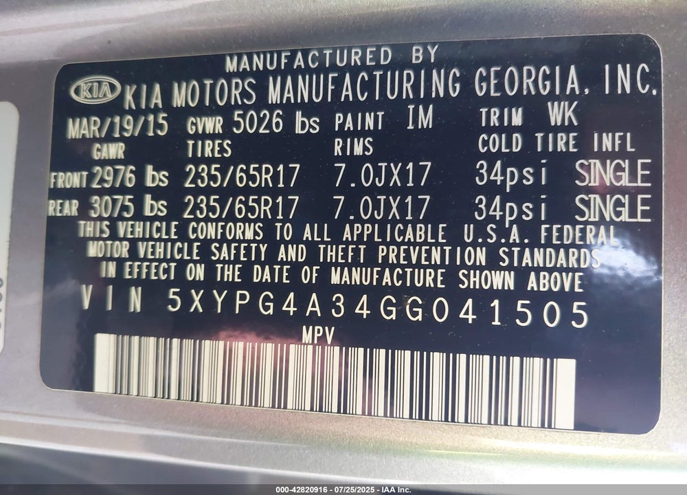2016 KIA SORENTO VIN: 5XYPG4A34GG041505