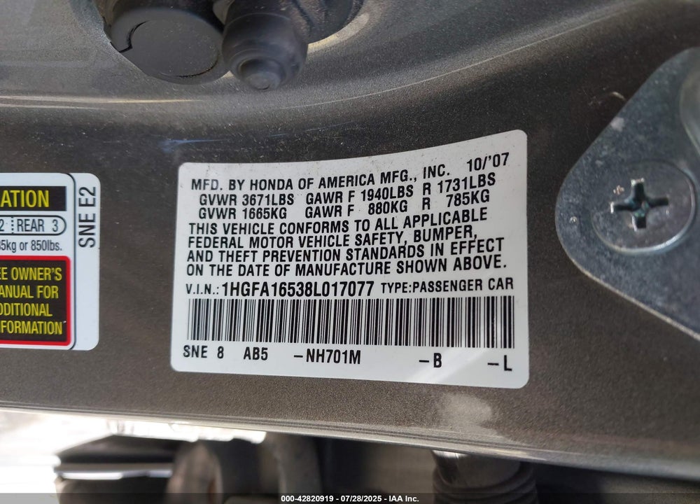 2008 HONDA CIVIC LX VIN: 1HGFA16538L017077