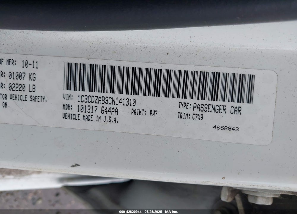 2012 DODGE AVENGER VIN: 1C3CDZAB3CN141310