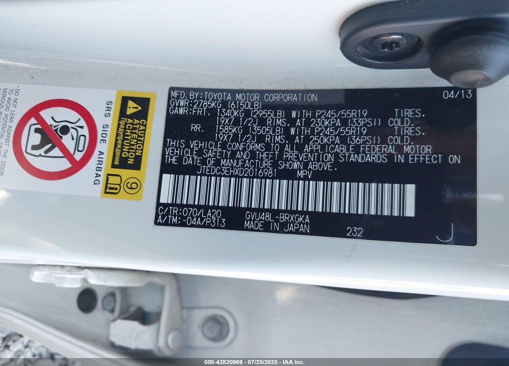 2013 TOYOTA HIGHLANDER HYBRID VIN: JTEDC3EHXD2016981