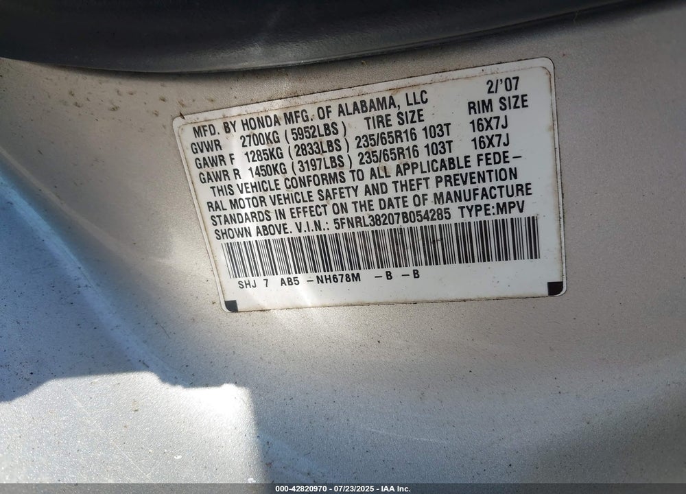 2007 HONDA ODYSSEY LX VIN: 5FNRL38207B054285