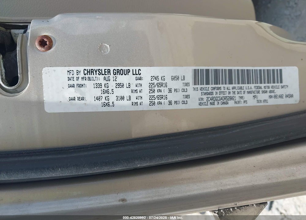 2013 DODGE GRAND CARAVAN VIN: 2C4RDGCG4DR528021