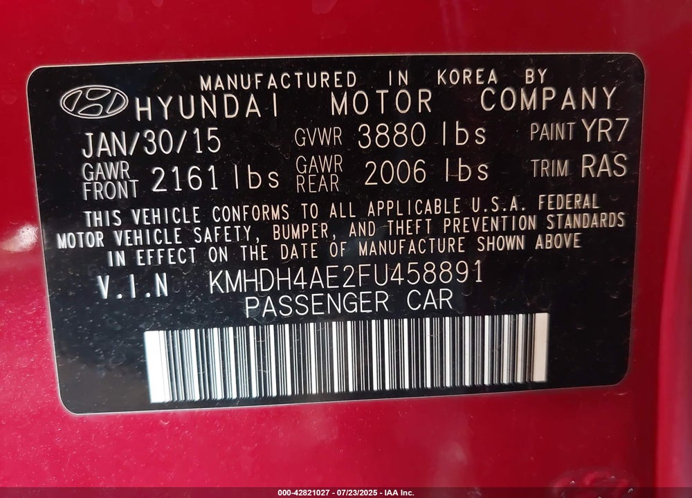 2015 HYUNDAI ELANTRA VIN: KMHDH4AE2FU458891