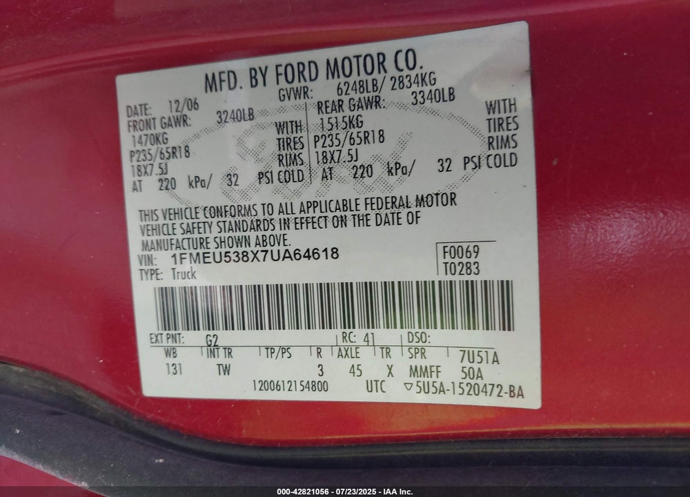 2007 FORD EXPLORER SPORT TRAC VIN: 1FMEU538X7UA64618