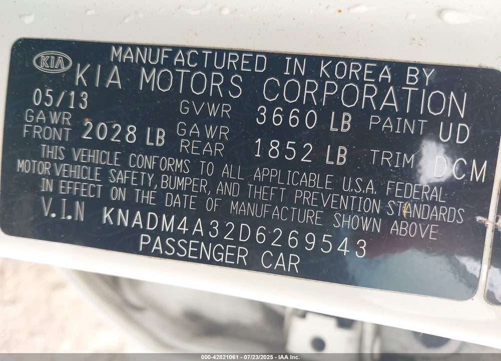 2013 KIA RIO VIN: KNADM4A32D6269543