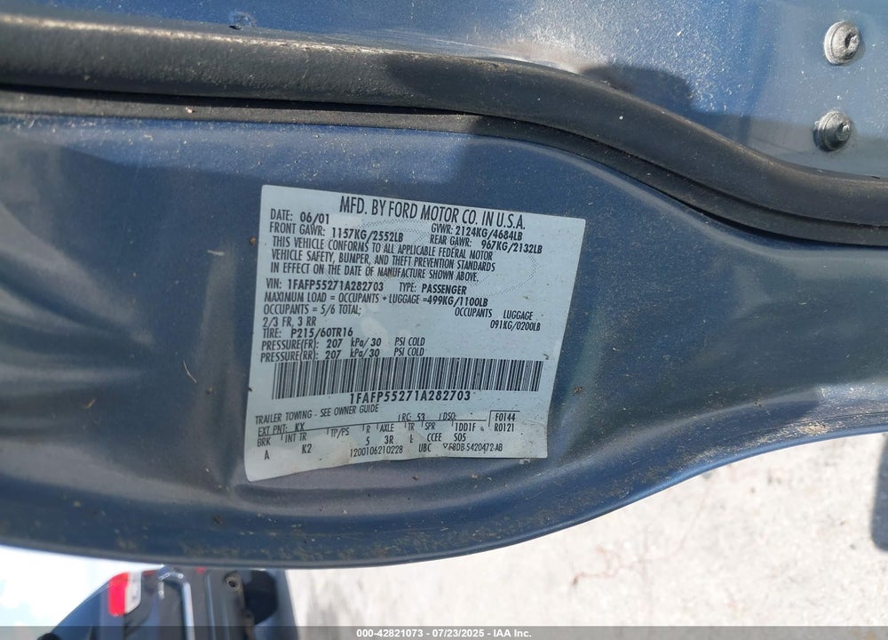 2001 FORD TAURUS SES VIN: 1FAFP55271A282703