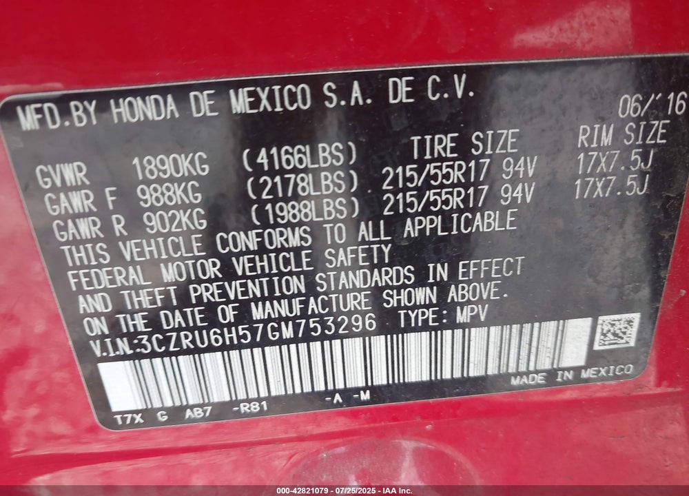 2016 HONDA HR-V VIN: 3CZRU6H57GM753296