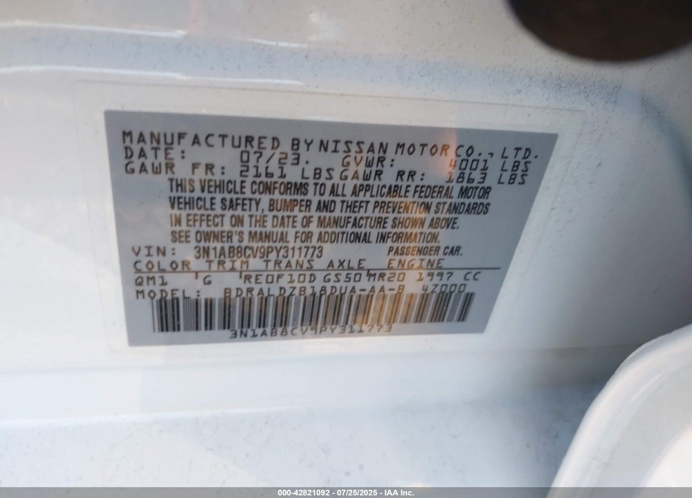 2023 NISSAN SENTRA VIN: 3N1AB8CV9PY311773