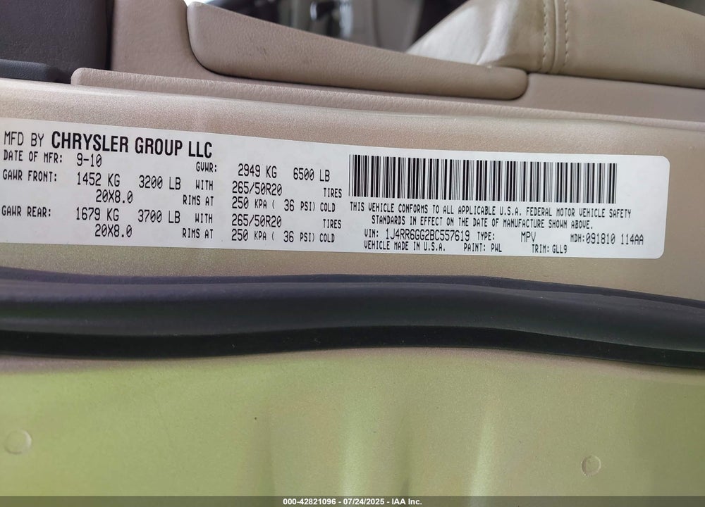 2011 JEEP GRAND CHEROKEE VIN: 1J4RR6GG2BC557619