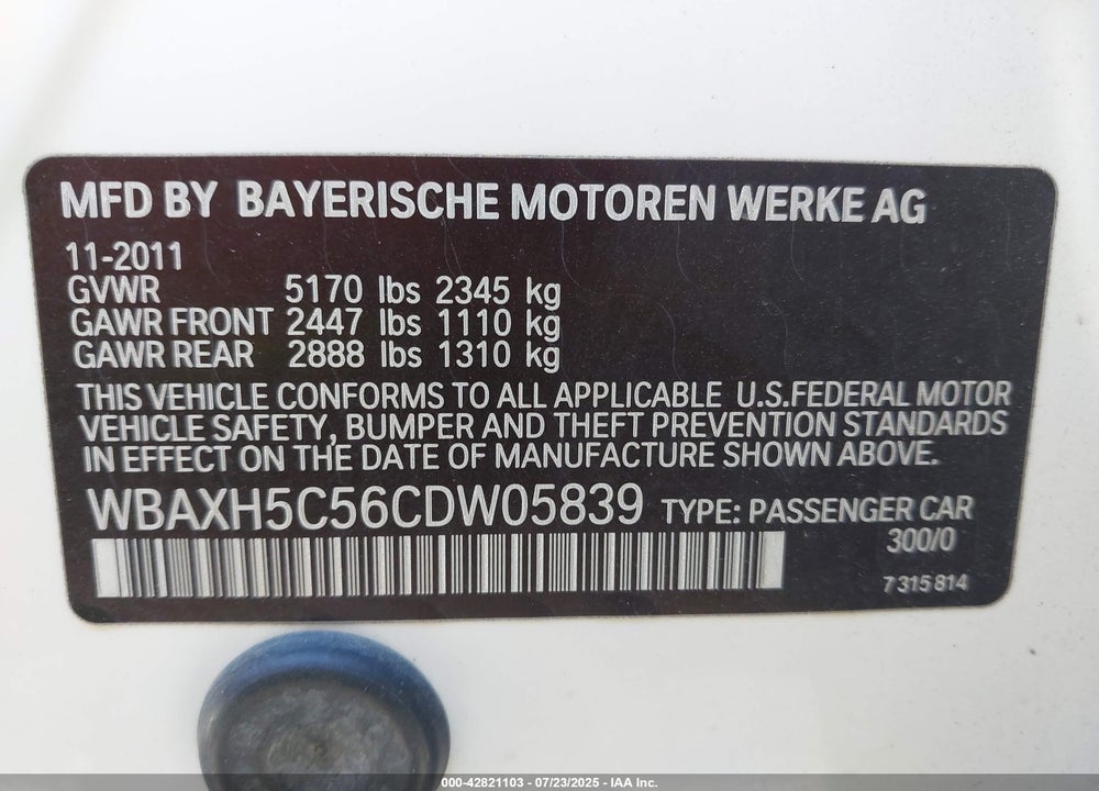 2012 BMW 5 SERIES VIN: WBAXH5C56CDW05839