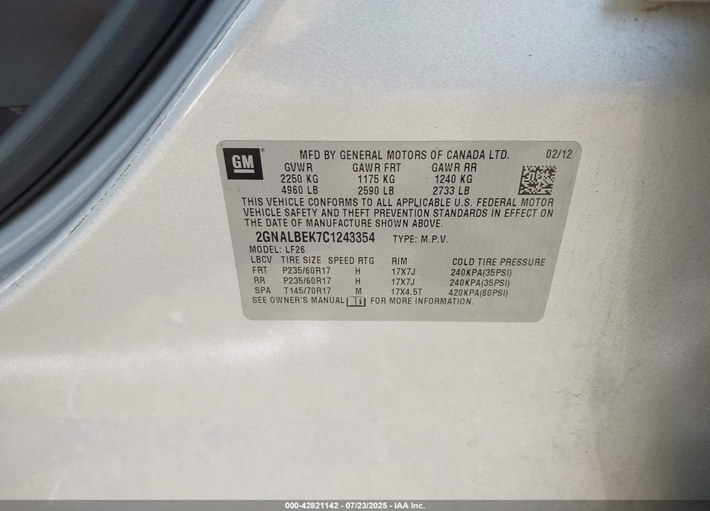 2012 CHEVROLET EQUINOX VIN: 2GNALBEK7C1243354