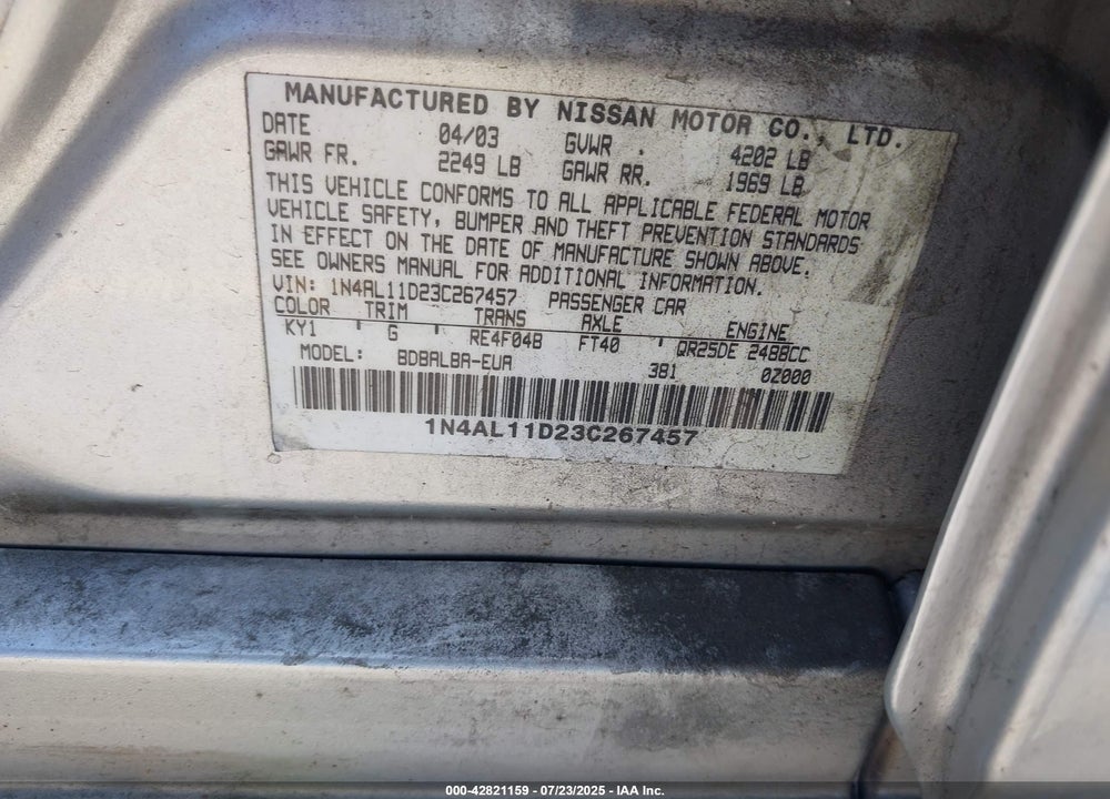 2003 NISSAN ALTIMA VIN: 1N4AL11D23C267457