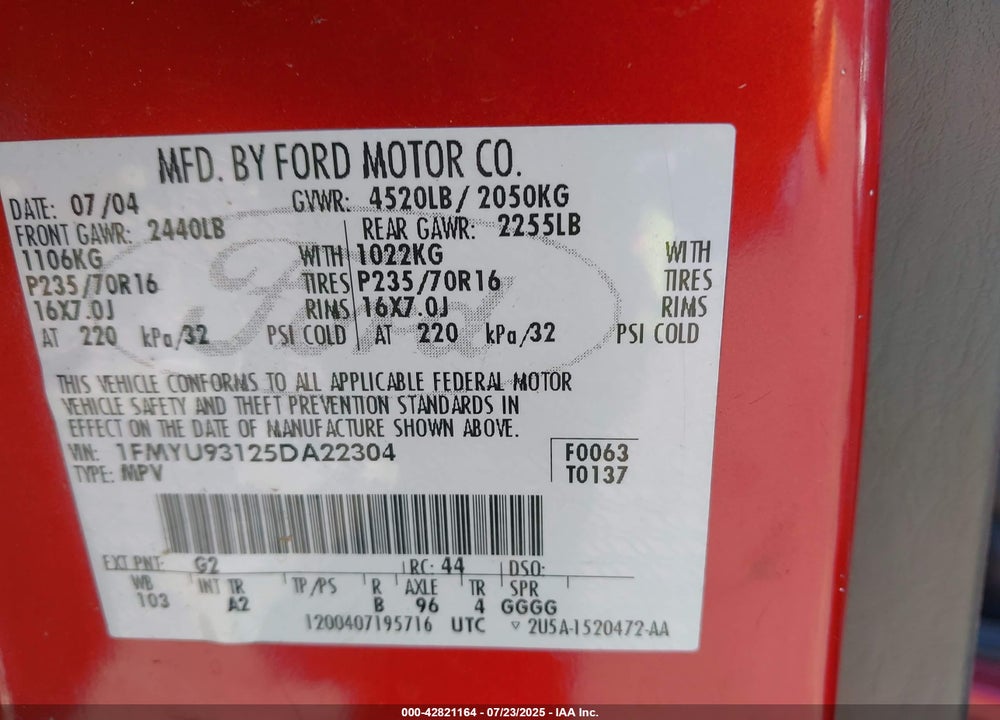2005 FORD ESCAPE VIN: 1FMYU93125DA22304