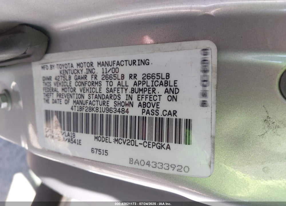 2001 TOYOTA CAMRY XLE V6 VIN: 4T1BF28K81U963484