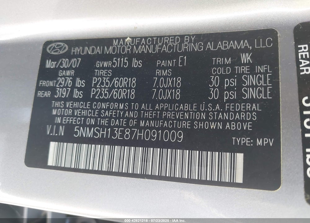 2007 HYUNDAI SANTA FE LIMITED/SE VIN: 5NMSH13E87H091009