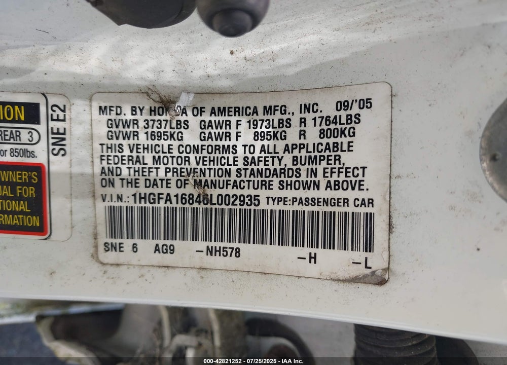 2006 HONDA CIVIC VIN: 1HGFA16846L002935