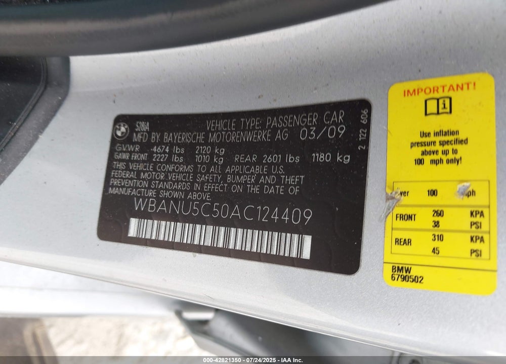 2010 BMW 5 SERIES VIN: WBANU5C50AC124409