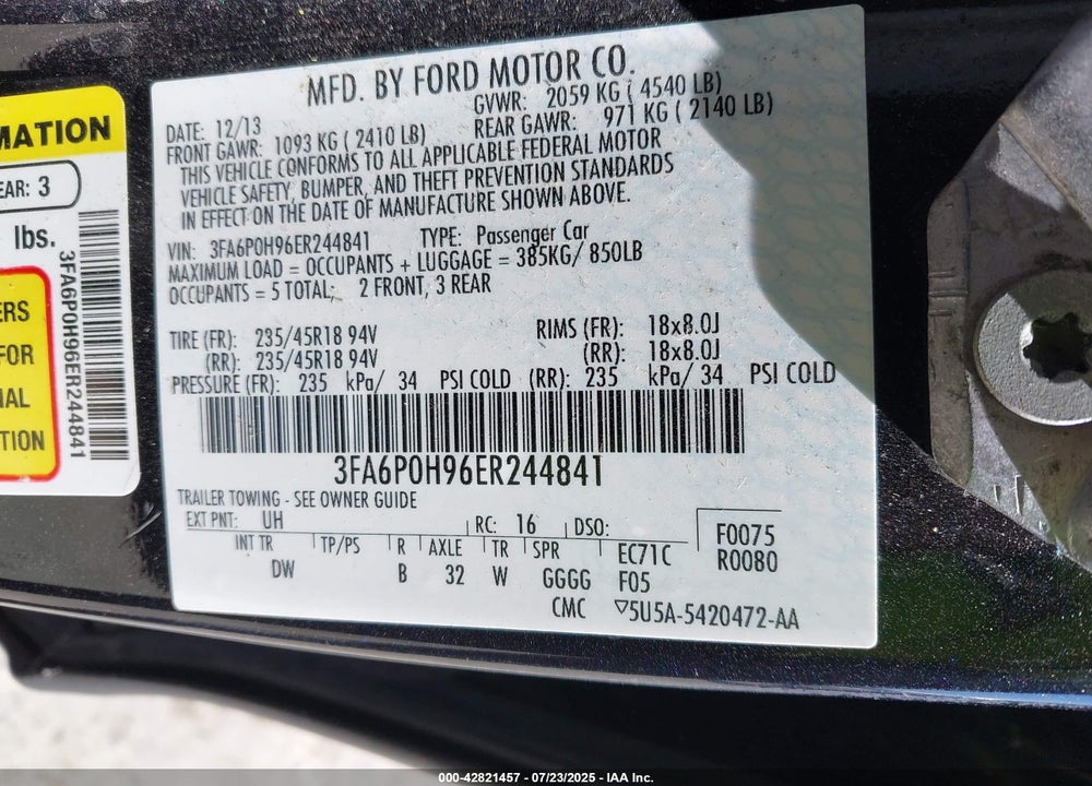 2014 FORD FUSION VIN: 3FA6P0H96ER244841