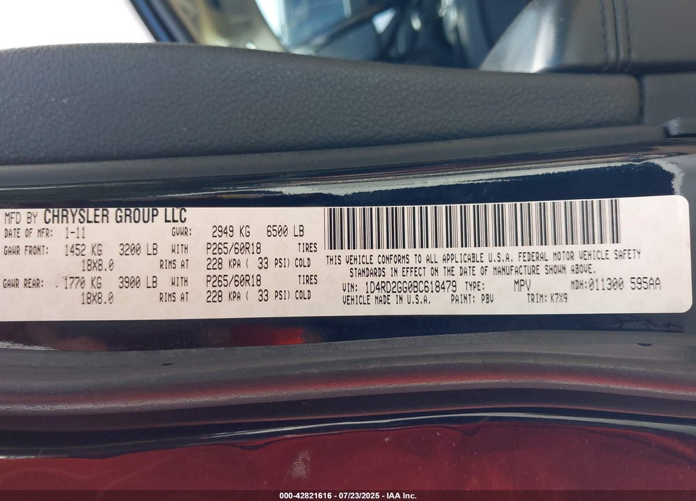 2011 DODGE DURANGO VIN: 1D4RD2GG0BC618479
