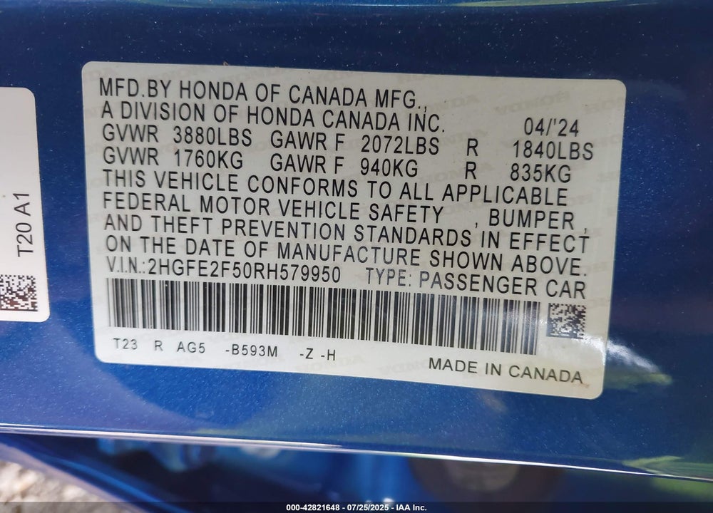 2024 HONDA CIVIC VIN: 2HGFE2F50RH579950