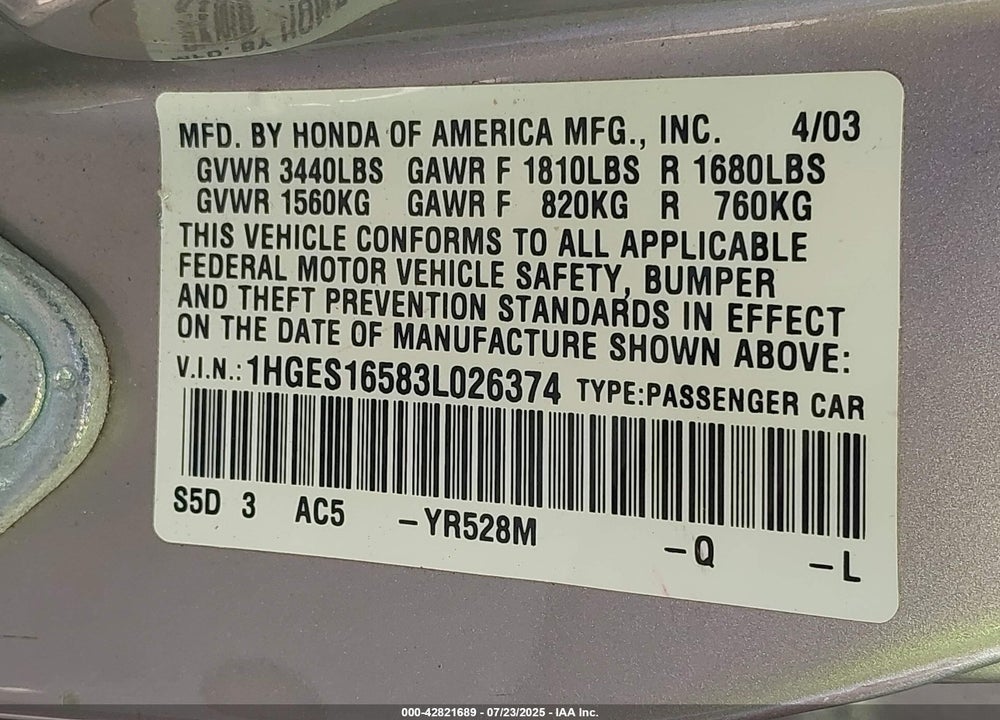 2003 HONDA CIVIC LX VIN: 1HGES16583L026374