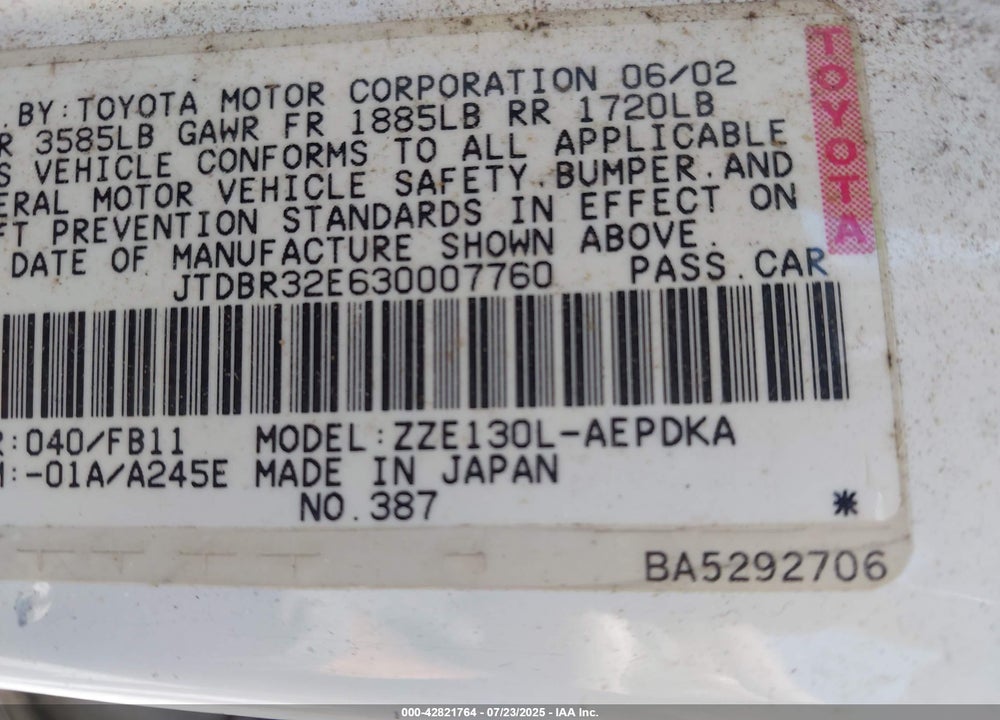 2003 TOYOTA COROLLA CE VIN: JTDBR32E630007760