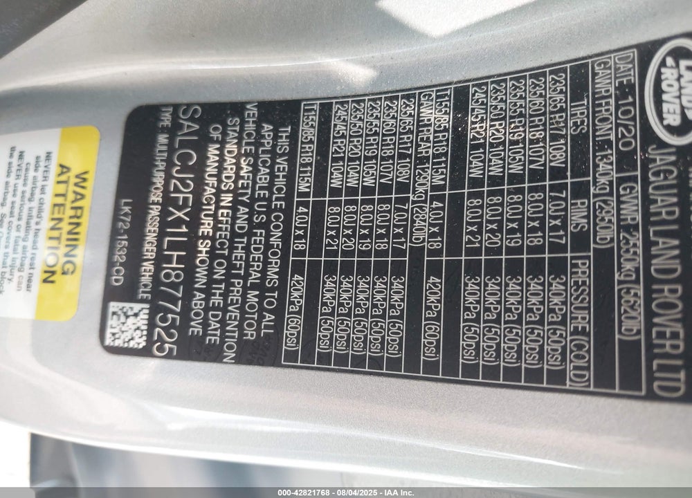 2020 LAND ROVER DISCOVERY SPORT VIN: SALCJ2FX1LH877525