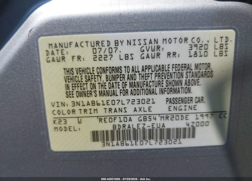 2007 NISSAN SENTRA VIN: 3N1AB61E07L723021