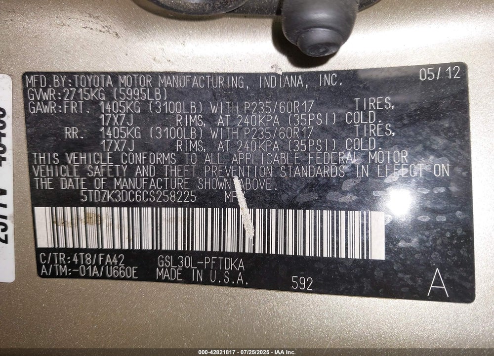 2012 TOYOTA SIENNA BASE V6 7 PASSENGER VIN: 5TDZK3DC6CS258225