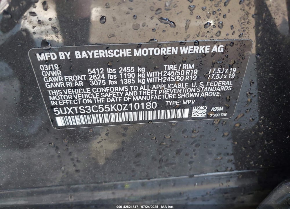 2019 BMW X3 VIN: 5UXTS3C55K0Z10180