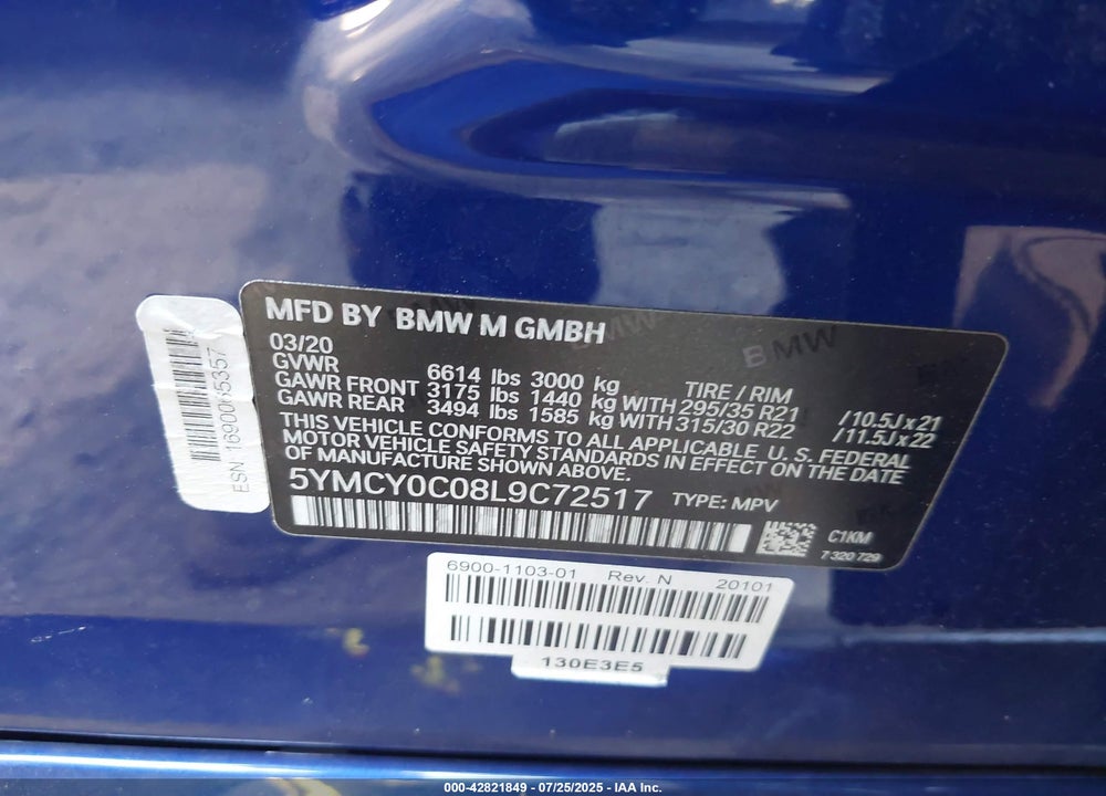 2020 BMW X6 M COMPETITION VIN: 5YMCY0C08L9C72517
