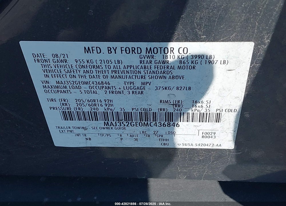 2021 FORD ECOSPORT VIN: MAJ3S2GE0MC436846