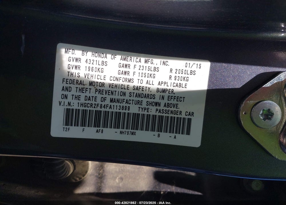 2015 HONDA ACCORD VIN: 1HGCR2F84FA113899