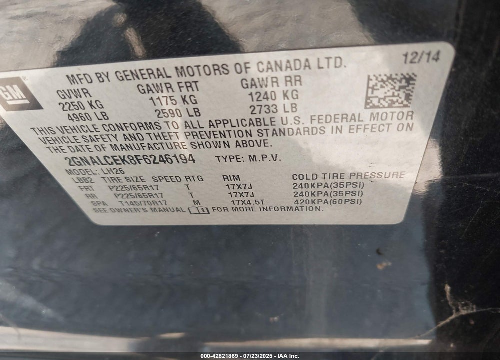 2015 CHEVROLET EQUINOX VIN: 2GNALCEK8F6246194
